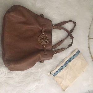 Tory Burch Brown Leather Logo-Stacked T Hobo Bag